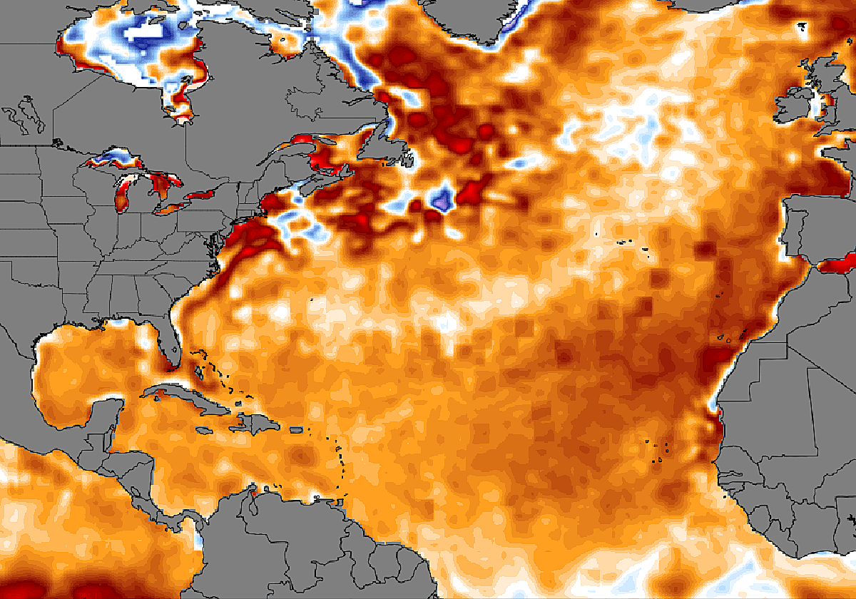 Anomalías en la temperatura de la superficie marina del Atlántico Norte este 10 de julio