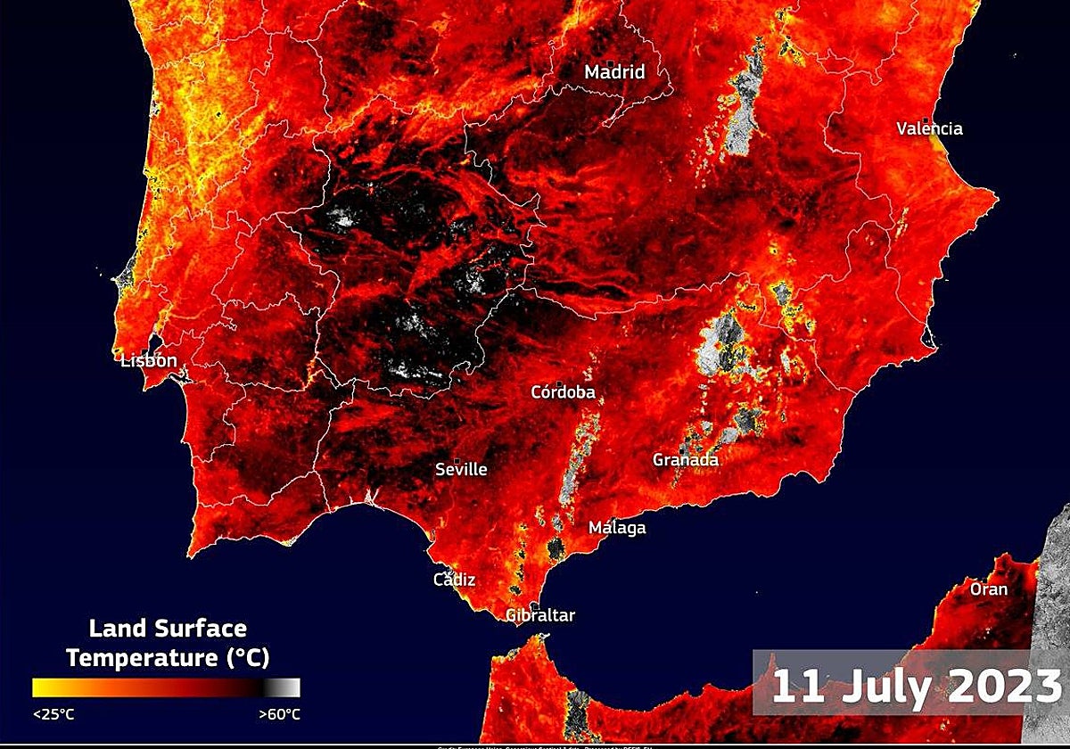 Imagen captada por el satélite 'Sentinel 3' este martes sobre la temperatura de la superficie terrestre