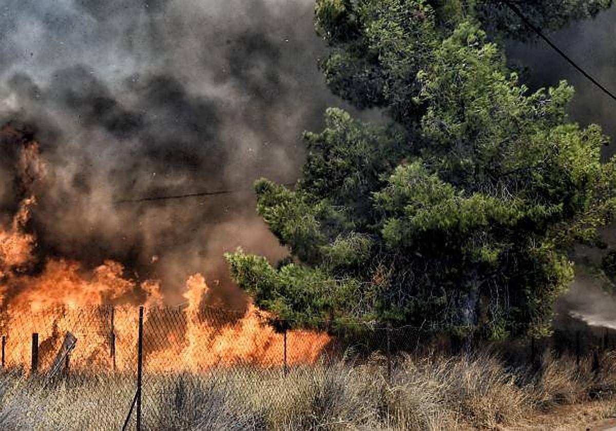 Labores de extinción en el incendio en Loutraki, Grecia.