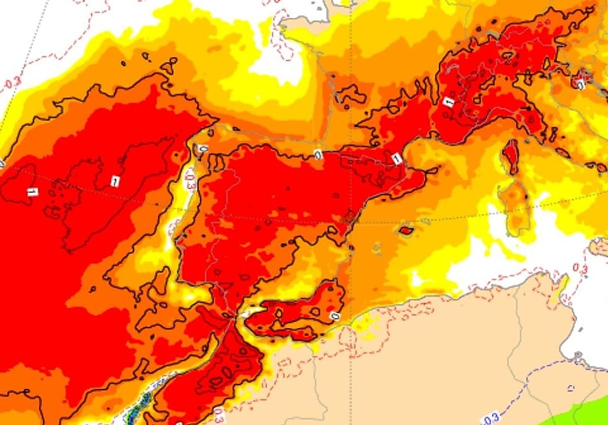 Imágenes del índice EFI de ECMWF, que cuantifica la rareza de un fenómeno previsto.