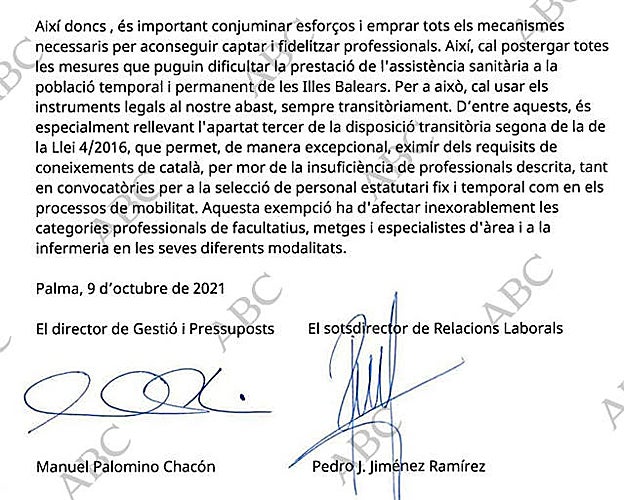 Primer informe enviado, firmado por Manuel Palomino, director de gestión y presupuesto