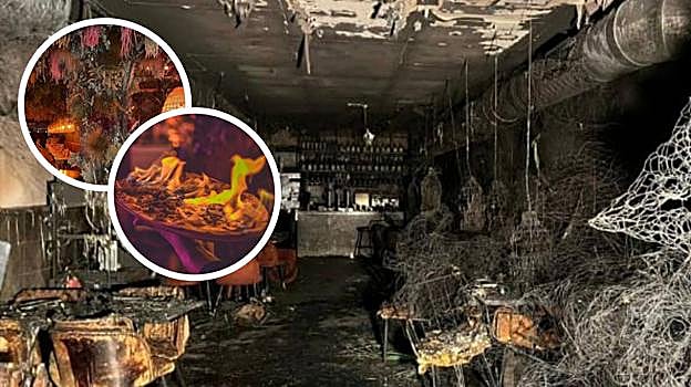 El interior del restaurante Burro Canaglia Bar&Resto, totalmente calcinado. En los círculos, la pizza Inferno picante y el local con numerosas plantas de plástico antes de prender
