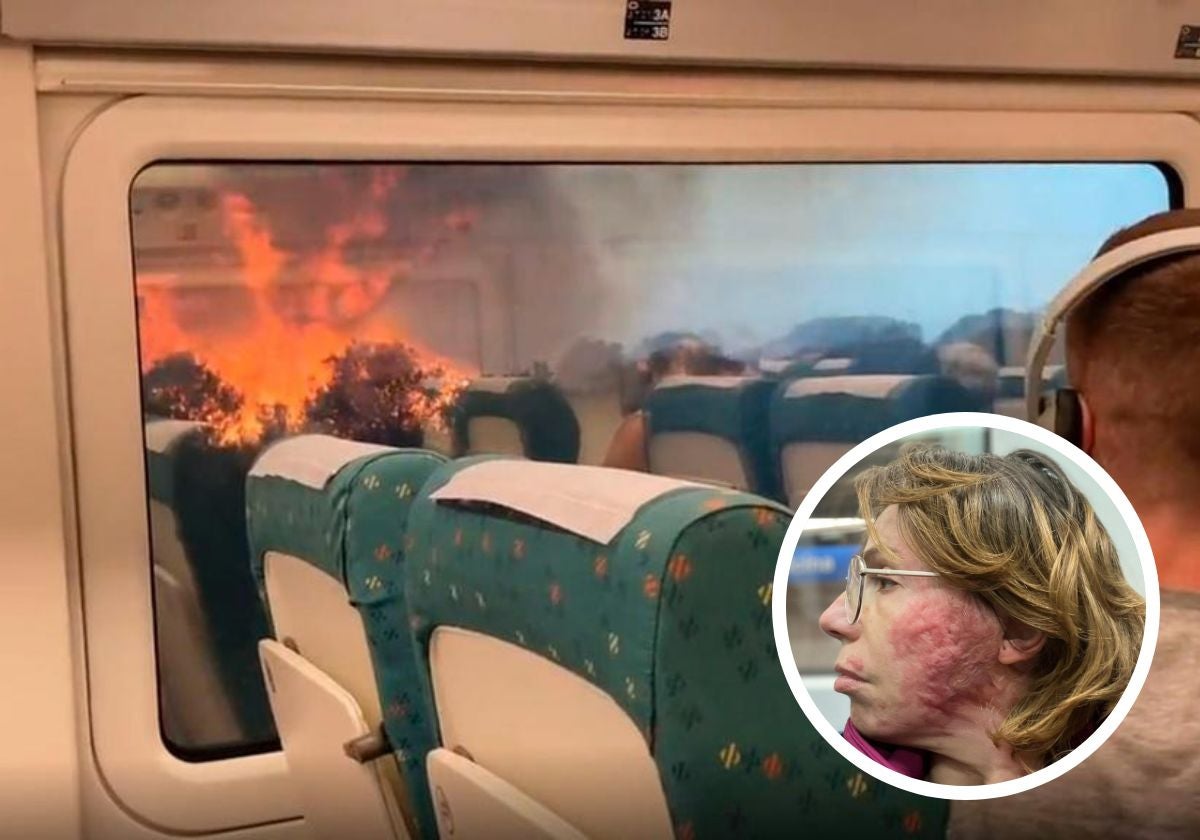 El interior del tren afectado por el incendio forestal de Bejís (Castellón) el 16 de agosto de 2022 y el rostro de Isabel quemado