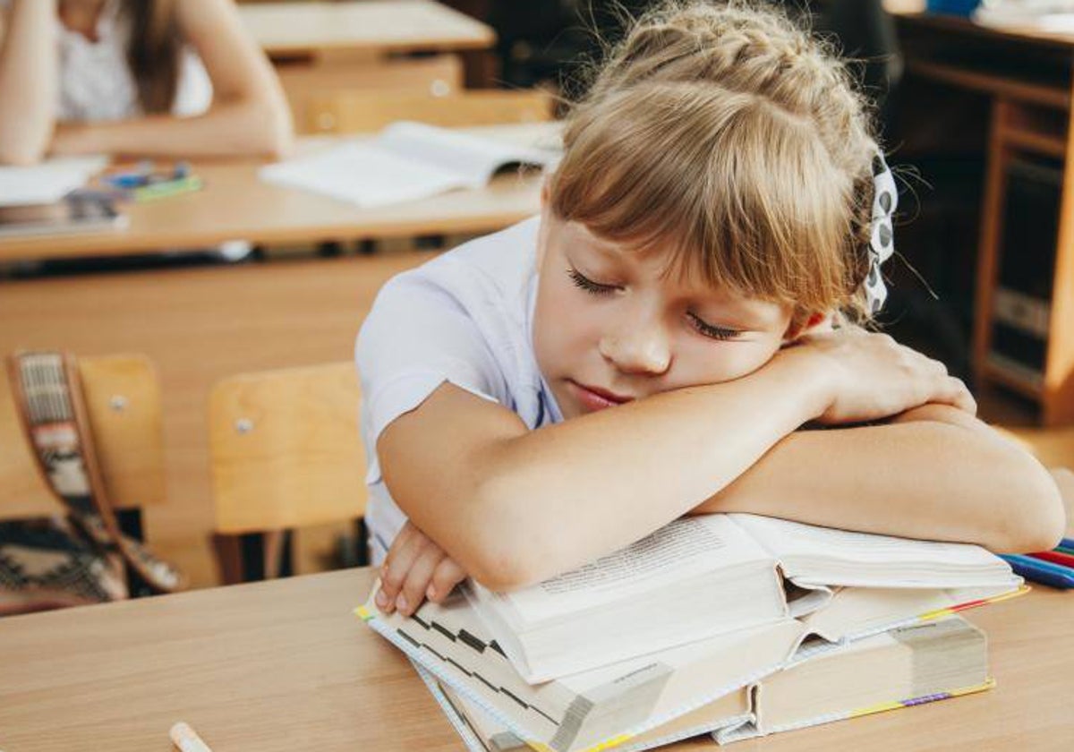 Una alumna duerme en clase apoyada sobre sus libros