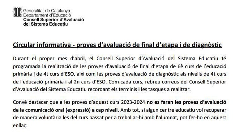 La circular enviada a los centros por el Consejo Superior de Evaluación