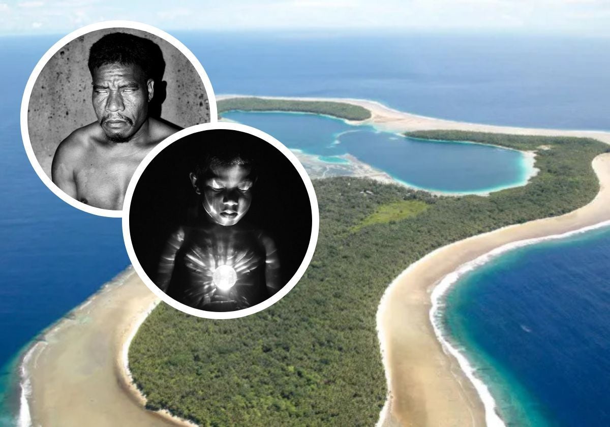 En los detalles dos aborígenes con acromatopsia fotografiados por Sanne de wilde. De fondo, la isla de Pingelap