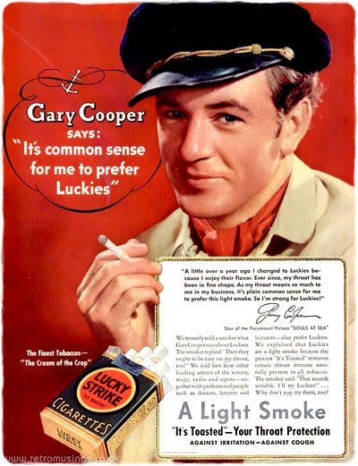 Gary Cooper, cuando la cajetilla de Lucky aún era color verde militar. 