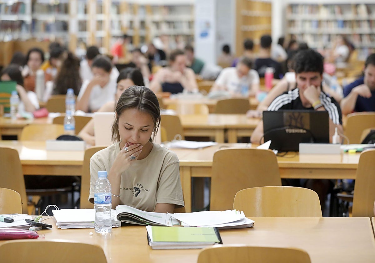 Estudiantes preparando el examen de selectividad en la biblioteca centrral de la Universidad de Extremadura