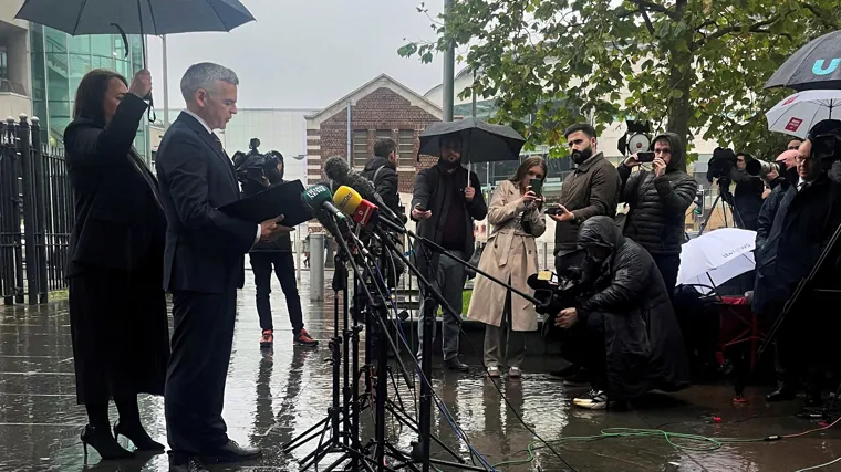 Chief of the Police Service of Northern Ireland Eamon Corrigan speaks to reporters outside Belfast Crown Court after the sentencing of 26-year-old Alexander McCartney for the massive online pedophilia and blackmailing of girls around the world.