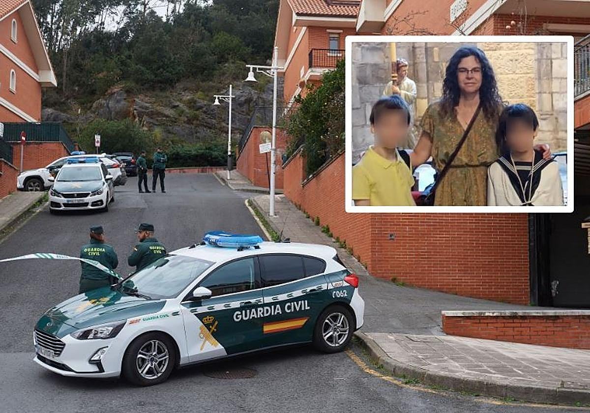 Agentes de la Guardia Civil, en las inmediaciones del lugar del suceso. Arriba, Silvia López Gayubas y sus hijos