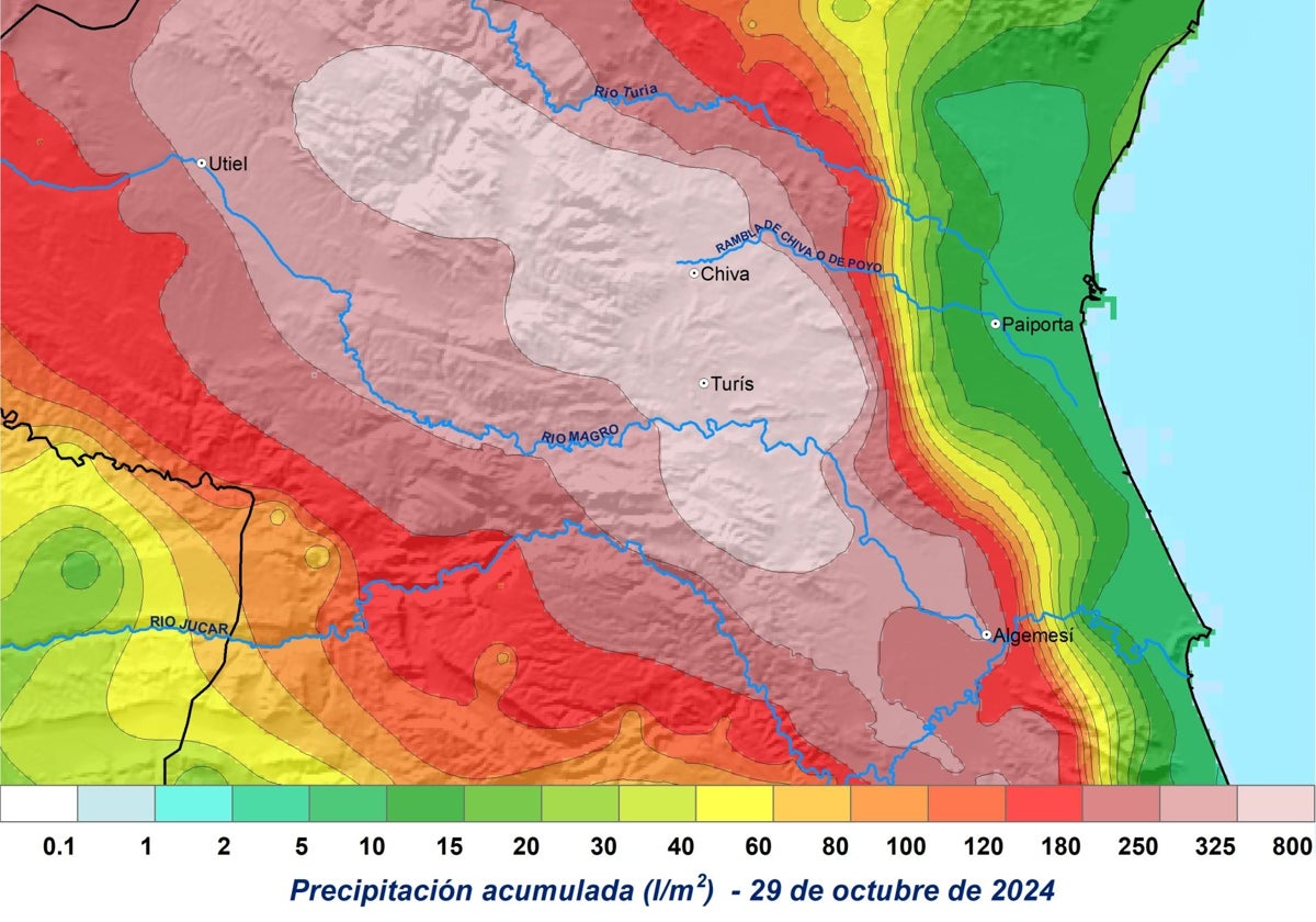 El mapa de calor de las precipitaciones del 29 de octubre facilitado por Aemet Comunidad Valenciana