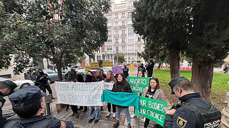 El grupo de trece activistas proaborto congregadas en las inmediaciones del Senado contra la cumbre provida