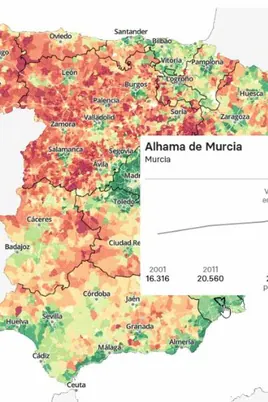 Mapa de la variación de población entre 2001 y 2024 en los municipios de España