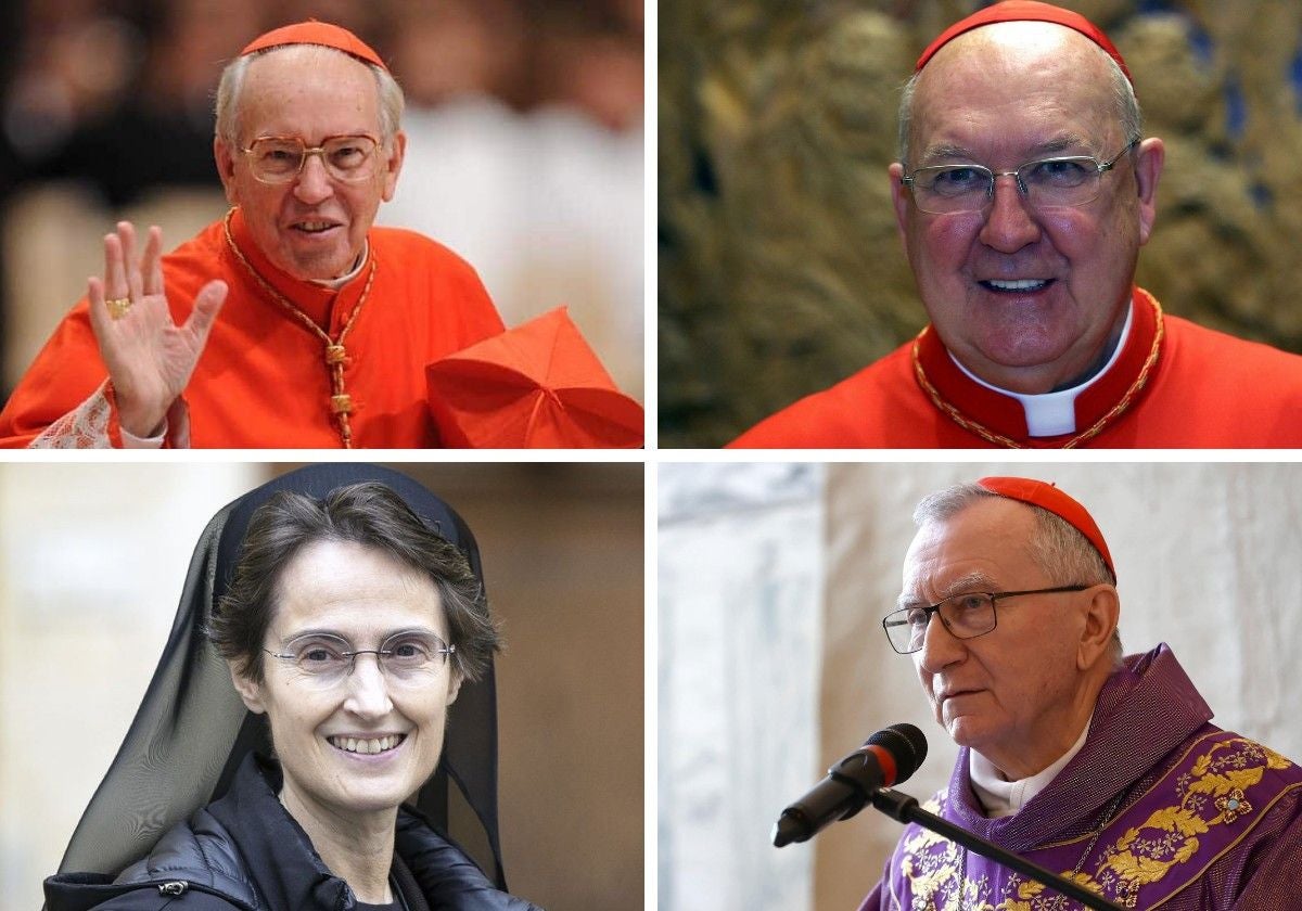 De izq. a dcha. y de arriba hacia abajo: Giovanni Battista Re, Kevin Farrel, Raffaella Petrini F.S.E. y Pietro Parolin