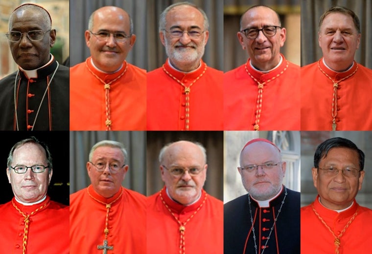 [Arriba, de izda. a dcha.: Sarah (Guinea), Mendonça (Portugal), López Romero y Omella (España) y Tobin (EE.UU.). Abajo, de izda. a dcha.: Eijk (Países Bajos), Hollerich (Luxemburgo), Arborelius (Suecia), Marx (Alemania) y Bo (Myanmar)]