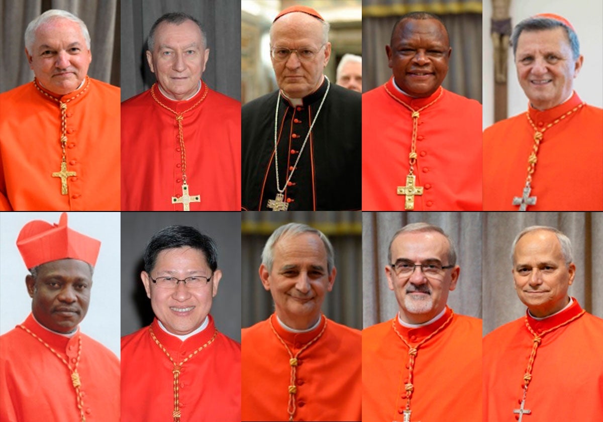 [Arriba, de izda. a dcha.: Aveline (Francia), Parolin (Italia), Erdo (Hungría), Ambongo (R. D, Congo), y Grech (Malta). Abajo, de izda. a dcha.: Turkson (Ghana), Tagle (Filipinas), Zuppi, Pizzaballa (Italia), y Prevost (EE.UU.)]