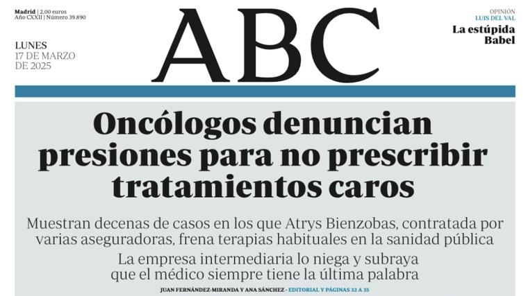 Portada de ABC del lunes 17 de marzo, fecha en que sale a la luz el escándalo de los oncólogos