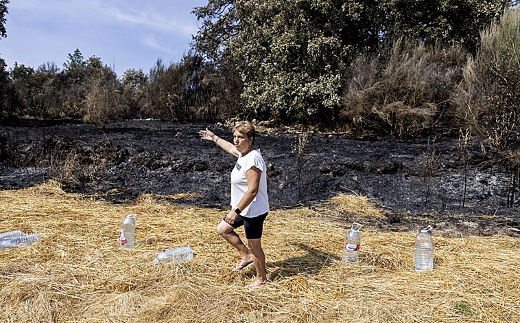 Imagen principal - Virginia, rodeada de garrafas en A Veiga das Meás (arriba) / Josefina y Simeón, frente a su casa en Vilar de Cervos (izq.) / Helicóptero sobrevuela un pinar quemado en Vilardevós
