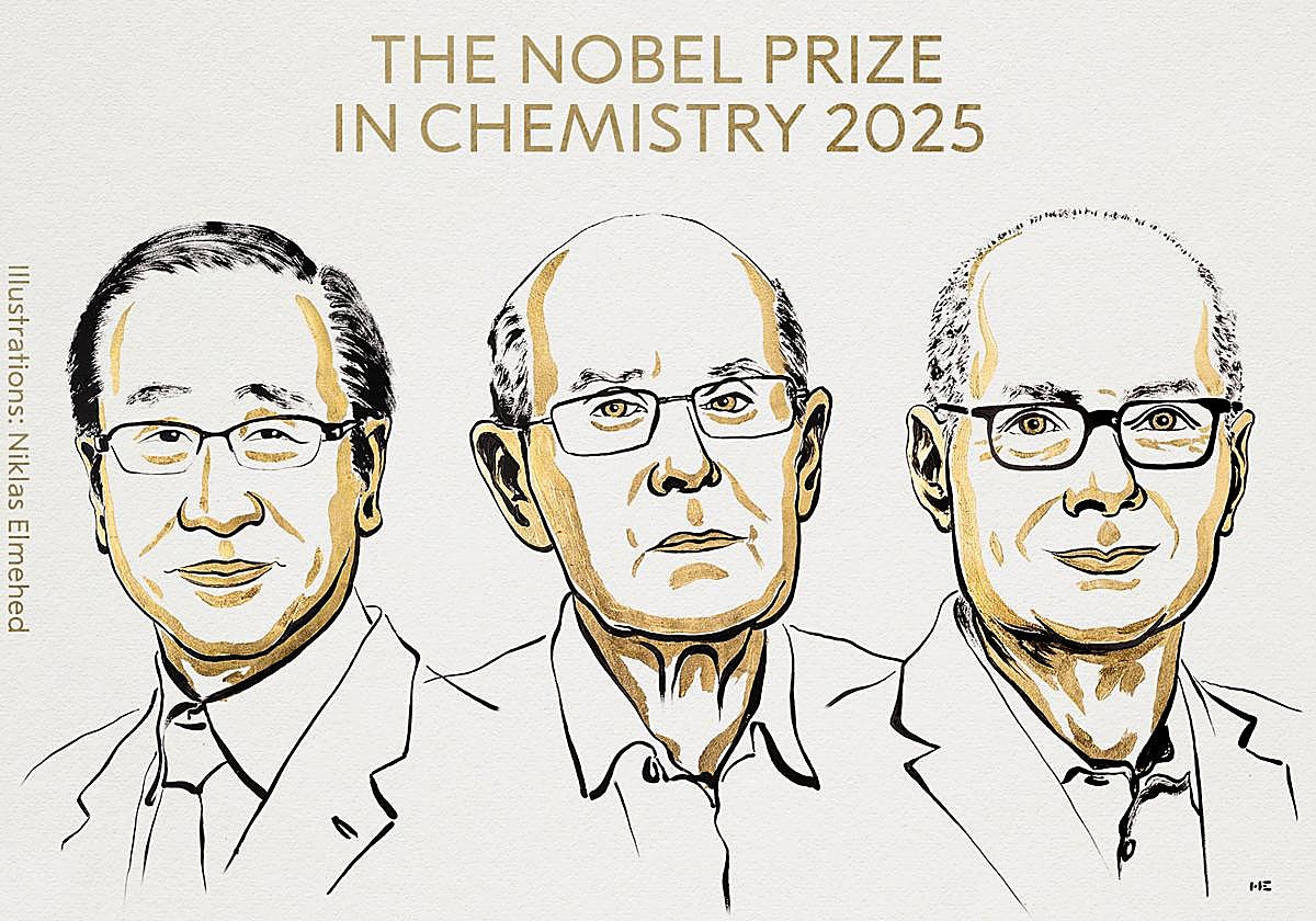 Los ganadores del Nobel de Química Susumu Kitagawa, Richard Robson y Omar M. Yaghi.