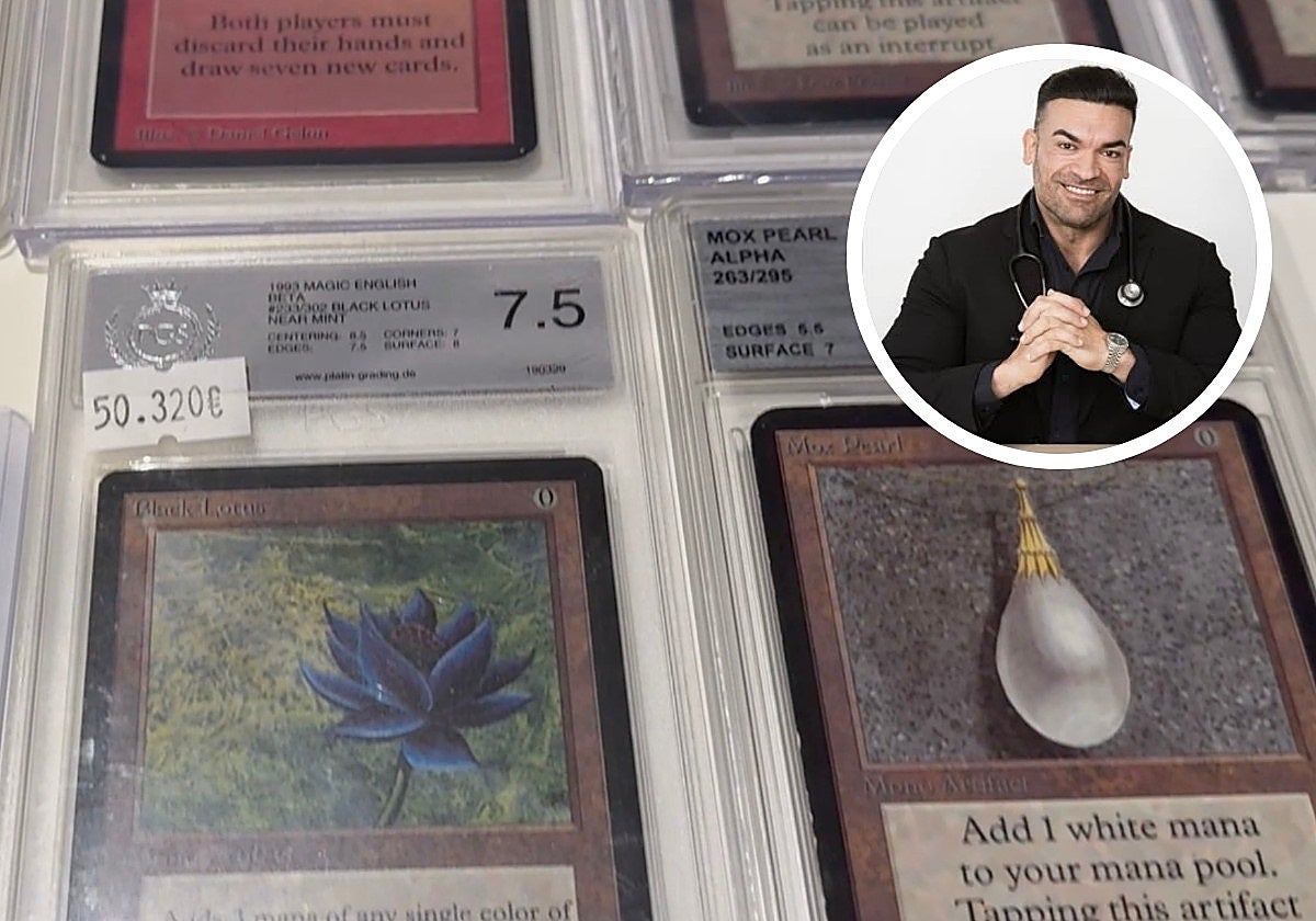 Las cartas de rol intervenidas por la Policía catalana, durante el registro contra la red de tráfico de medicamentos. A la derecha, el 'influencer' del 'fitness' detenido, Alexandre Costa