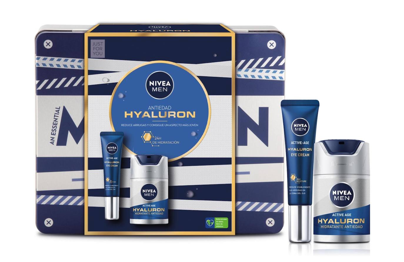 Pack Nivea Men Hyaluron Antiedad (15,99 €). Rutina de belleza facial especialmente diseñada para combatir los signos de la edad. Compuesto por crema hidratante antiedad NIVEA MEN HYALURON con protección solar FP15 y el contorno de ojos NIVEA MEN HYALURON, enriquecidos con Ácido Hialurónico. Perfecto para empezar el día.