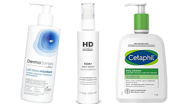 De izquierda a derecha: Loción Corporal hidratante renovadora DermaSeries (11,40 €); Sérum corporal Nox+ de HD Cosmetic Efficiency (31,55 €); Loción ultra hidratante Cetaphil Daily Advance (20,80 €).