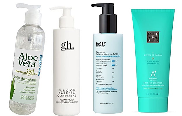 De izquierda a derecha: Gel dermatológico Aloe Vera 100% Barbadensis Saluvital (10,95 €); Loción corporal fluida Función Barrera corporal GH de Gema Herrerías (25,90 €); Loción hidratante corporal Aqua Bomb Body Moisturizer de Belif (29,99 €); Sérum Aftersun The Ritual of Karma de Rituals (9,90 €).