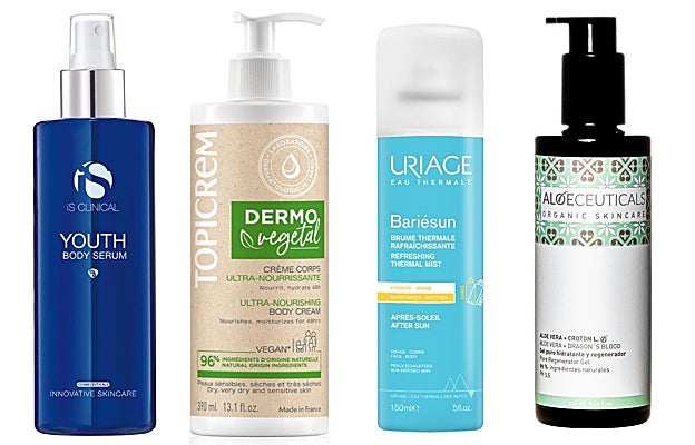 De izquierda a derecha: Youth Body Serum de iS Clinical con efecto afetersun (159,50 €); Crema corporal ultranutritiva Dermovegetal de Topicrem (15,95 €); Bruma calmante aftersun Bariésun de Uriage (14,50 €; Gel corporal con aloe vera Aloeceuticals (14,50 €).