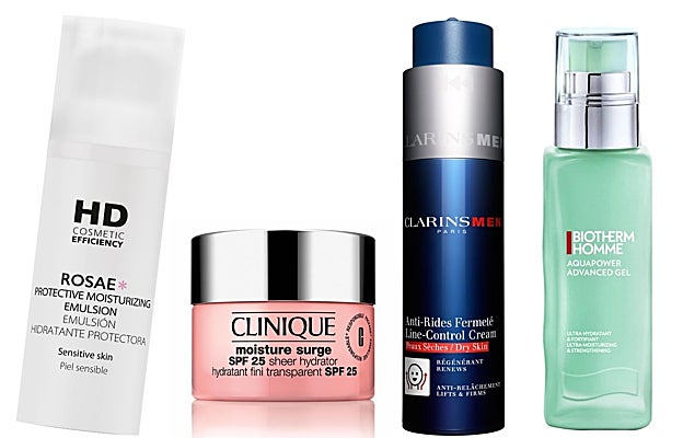De izquierda a derecha: HD Cosmetic Efficiency Rosae (31,35 €): emulsión hidratante protectora para el cuidado diario de la piel sensible, reactiva, con rojeces y con tendencia a la rosácea o la cuperosis; Moisture Surge SPF 25 de Clinique (46 €): crema hidratante con protección solar que proporciona una gran hidratación con a todos los tipos de piel gracia sa su fórmula con un exclusivo Biofermento de Aloe Vera y Ácido Hialurónico; Antiarrugas Firmeza de Clarins Men (74 €): crema facial hidratante que reduce las arrugas y líneas de expresión, a la vez que reafirma la piel. Es apta para todos los tipos de piel; Gel hidratante Aquapower de Biotherm Homme (57 €): crema hidratante para hombres que revitaliza la piel y refuerza la barrera cutánea gracias a las bioceramidas y al agua termal Life Plankton.