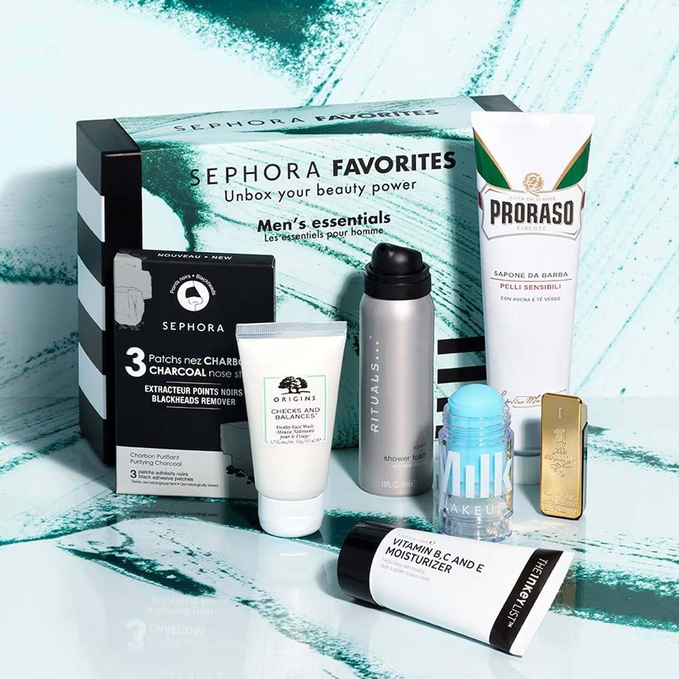 Pack Men’s Essentials Sephora Favorites (39,99 euros, solo en Sephora). Incluye productos por valor de 66 euros como Crema de afeitar Piel Sensible de Proraso, Stick facial hidratante de Milk Makeup, Espuma limpiadora facial de Origins, Cuidado hidratante con vitaminas B, C y E de The Inkey List, Eau de Toilette de 200 ml de Paco Rabanne, Espuma de ducha de Rituals y parches nasales de carbón de Sephora Collection.
