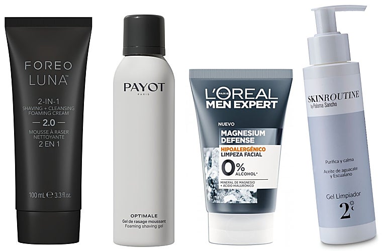 De izquierda a derecha: Limpiador facial LUNA™ 2-in-1 Shaving + Cleansing Foam 2.0 de Foreo (37,90 euros); Gel de afeitado moussant de Payot (21,50 euros); Gel de limpieza Magnesium Defense Hipoalergénico de L'Oreal Men Expert (5,95 euros); Gel limpiador de SkinRoutine by Paloma Sancho (10,90 euros, en Amazon).