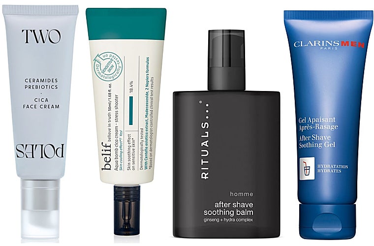 De izquierda a derecha: Crema hidratante Cica Face Cream de Two Poles (39 euros); Aqua Bomb Cica Cream de Belif (35,99 euros, en Sephora); After Shave Balm de Rituals Homme (24,90 euros); After Shave de Clarins Men (39 euros).