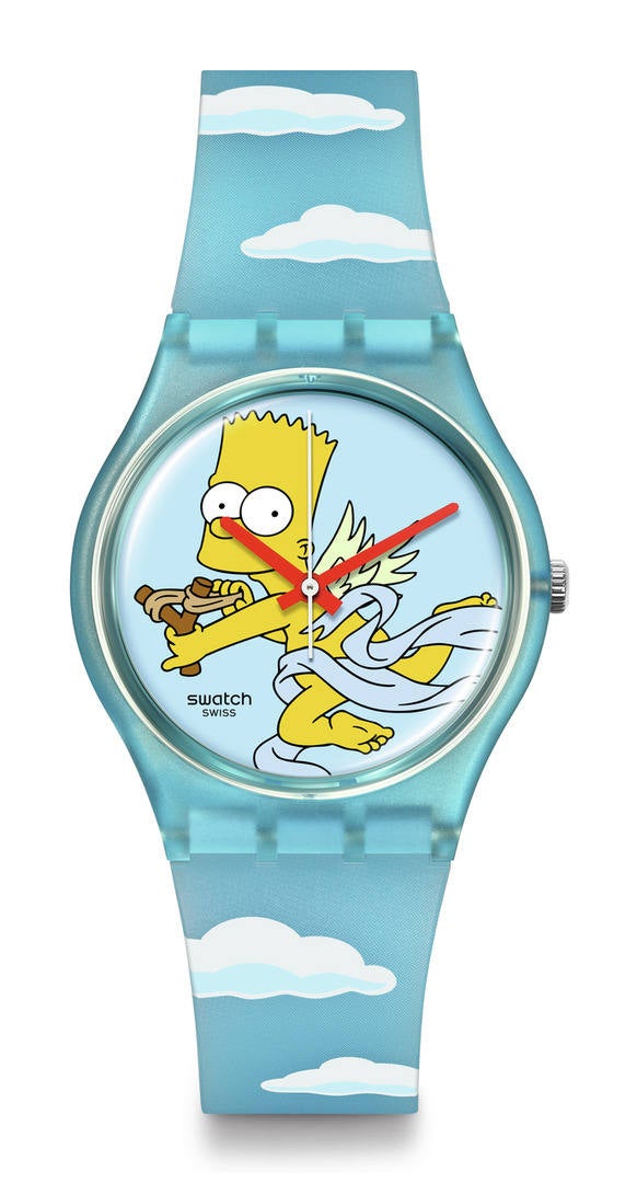 Para los que todavía están esperando que Cupido dispare su flecha con puntería en el corazón de la persona amada, la marca de relojes Swatch lanza 'Angel Bart', un reloj GENT que muestra a Bart Simpson a punto de lanzar su famoso tirachinas. Sus alas te arrancarán una sonrisa, mientras te ayuda a conquistar corazones. Un reloj que forma parte de la colección especial de San Valentín ideada por la marca. Precio: 100 euros