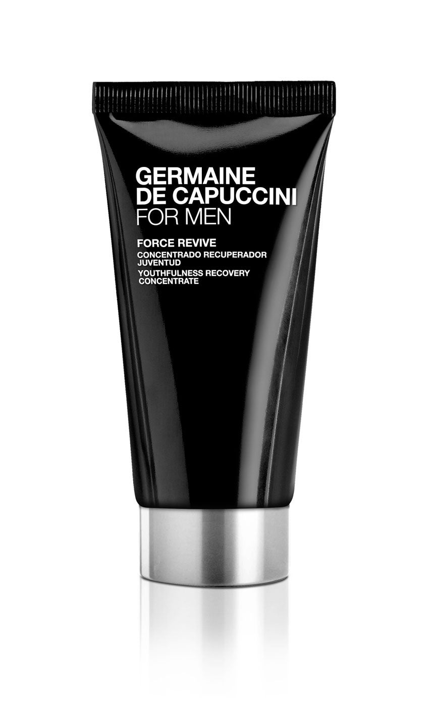 Force Revive For Men de Germaine de Capuccini (58,75 euros). Sérum concentrado con propiedades regenerativas, energizantes, hidratantes y protectoras. Creado para desafiar el paso del tiempo en la piel del hombre, su fórmula con ingredientes de alta tecnología, favorece la resistencia cutánea frente al estrés oxidativo provocado por las agresiones medioambientales. Su textura fluida y confortable se funde de inmediato y a la perfección en la piel.