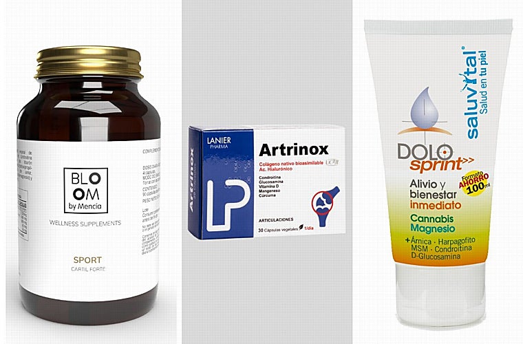 De izquierda a derecha: Bloom by Mencía Sport, con propiedades antiinflamatorias y analgésicas para el alivio del dolor provocado por inflamación, su fórmula refuerza el sistema articular (y aporta elasticidad en la articulación) y fortalece la musculatura, mejorando tanto la práctica deportiva, como el post entrenamiento (29,95 euros); Artrinox de Lanier Pharma, suplemento alimenticio con colágeno y vitaminas que reduce el dolor y la inflamación de las articulaciones (29,94 euros); Dolorsprint de Saluvital, crema transdérmica, esencial para el cuidado muscular gracias a los beneficios de sus ingredientes naturales (82%) y de la sinergia entre el aceite de cannabis y el cloruro de magnesio, potenciado con árnica, harpagofito, condrotina y glucosamina, con reconocidas propiedades medicinales (13,50 euros).