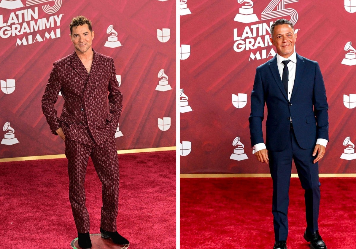 David Bisbal con traje burdeso, y Alejandro Sanz, con un look clásico en los Grammy Latinos 2024.