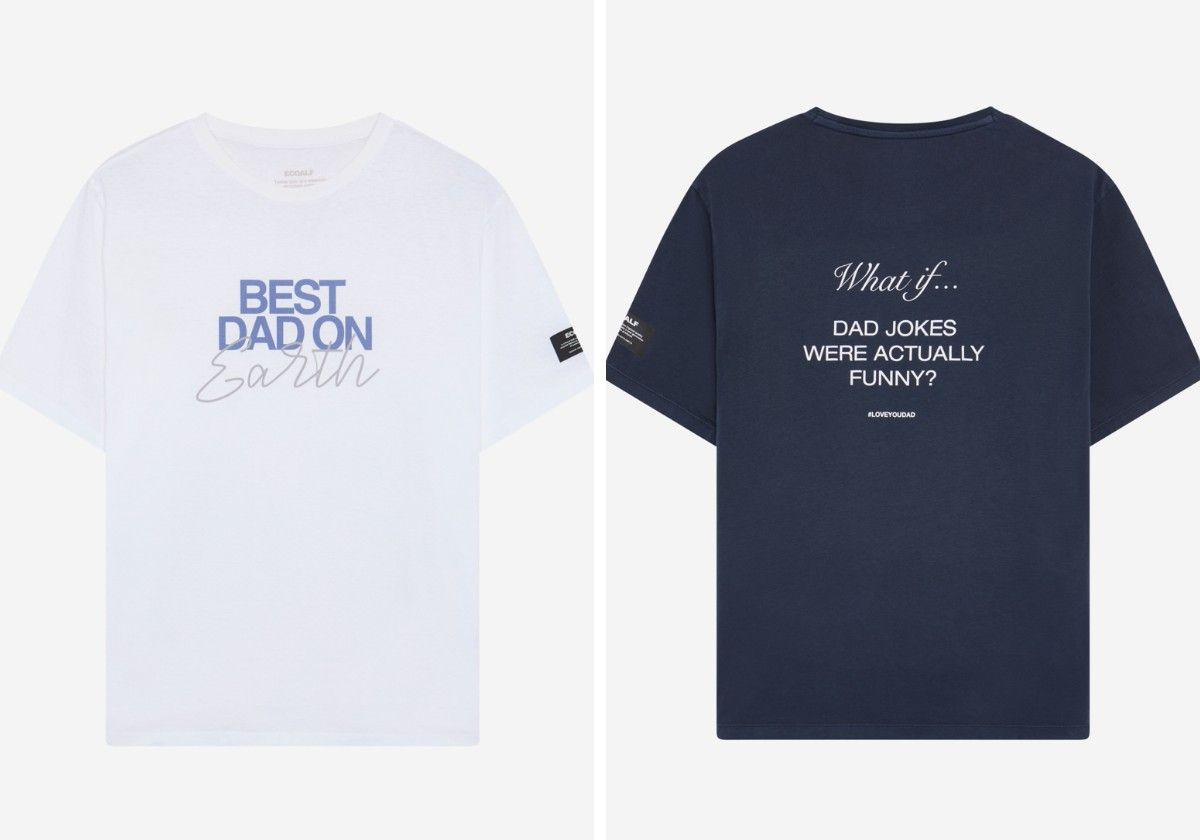 El mejor padre en la tierra. Para este 19 de marzo, Ecoalf vuelve a idear su camiseta del Día del Padre con dos propuestas cuyos mensajes no dejarán indiferente. En versiones blanca con mensaje delantero y azul marino con un divertido mensaje en la parte de atrás, ambas están hechas con una mezcla de algodón orgánico y reciclado. El algodón orgánico aporta confort y transpirabilidad, mientras que el algodón reciclado refleja el compromiso de la marca española con la sostenibilidad al reducir la huella de carbono. Un regalo único para un día especial. ¿Con cuál te quedas? Precio: 39,90 euros