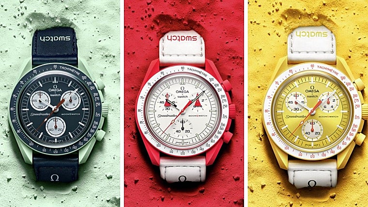 Algunos de los modelos de Omega x Swatch que pueden comprarse online
