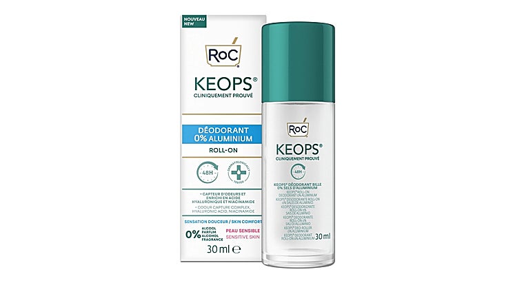 Desodorante Keops 0% Aluminio de ROC, roll-on fresco con tacto seco que incorpora un complejo de captura de olores para ofrecer 48 horas de protección frente al sudor y los olores sin sales de aluminio (9,95 euros).