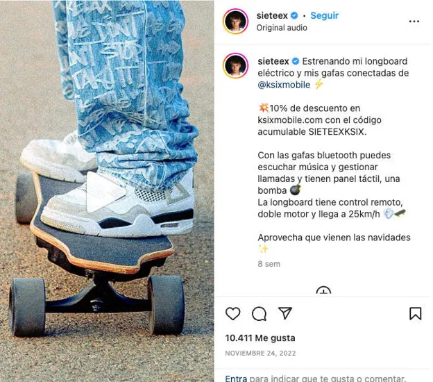 The 'influencer' @sieteex shows the Ksix longboard model on his Instagram channel