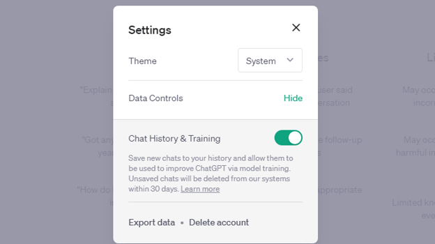 Once in 'Settings', open the 'Data Controls' option and deactivate 'Chat History & Training'