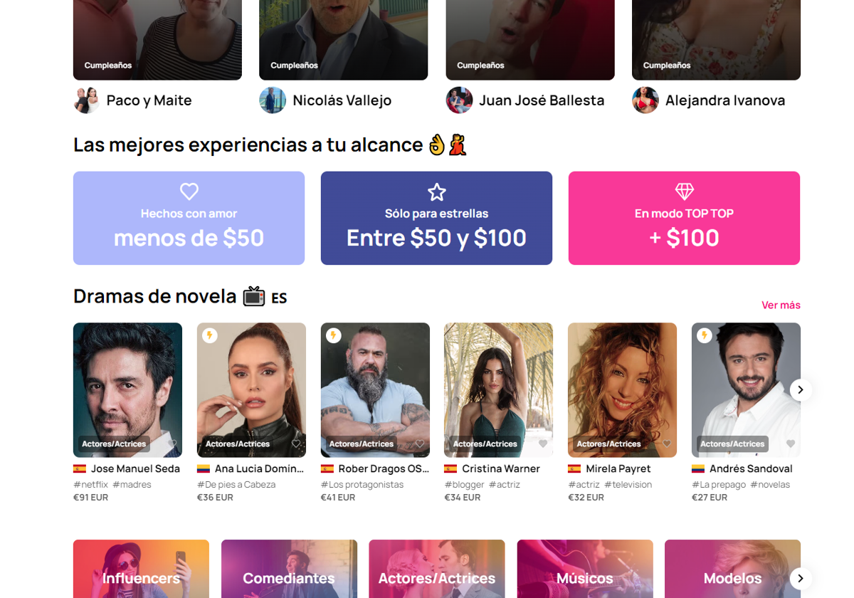 Captura de algunos de los artistas que ofrece la página web Famosos.com