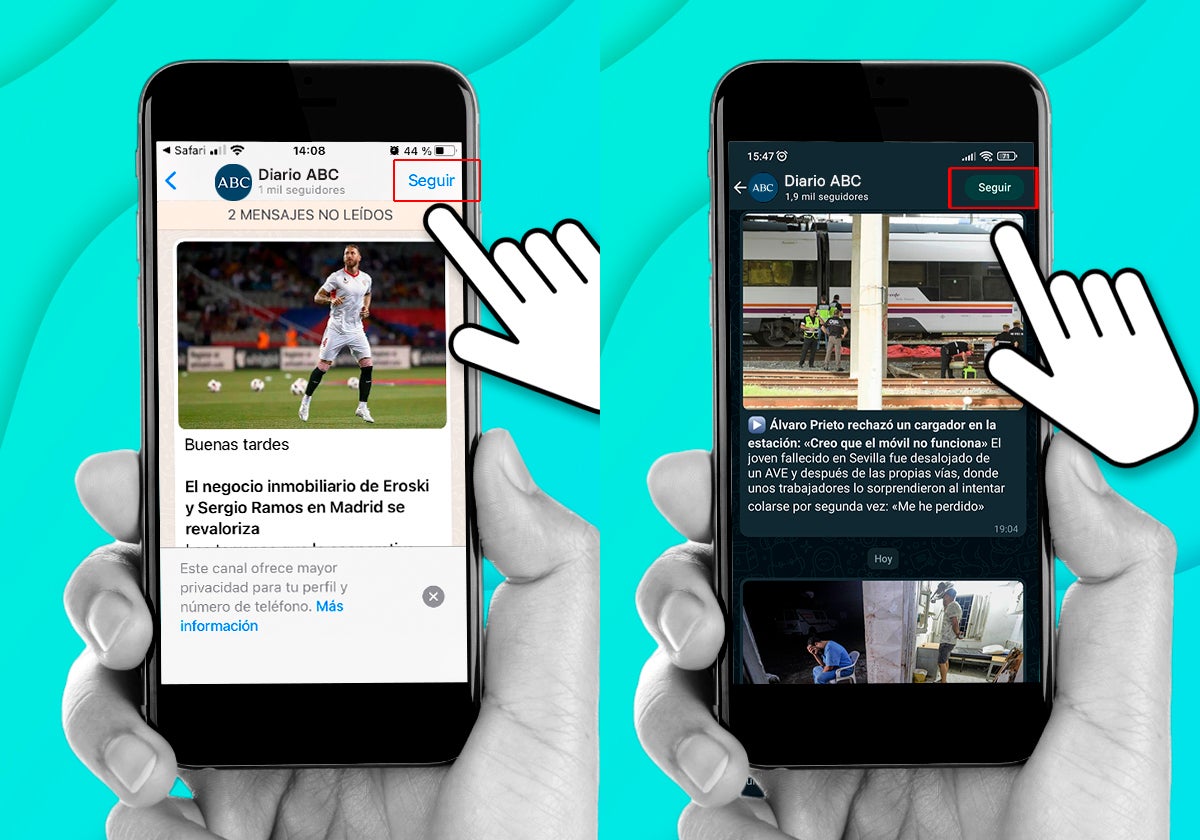 ¿Cómo seguir el canal de ABC? A la izquierda, en un móvil iPhone y a la derecha, en un Android.