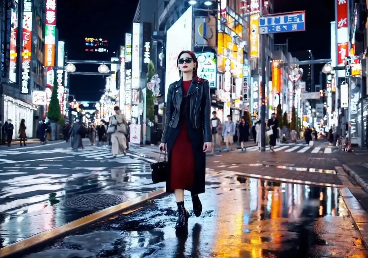 Fotograma de un vídeo creado con Sora en el que se puede ver a una mujer caminando por el centro de Tokio