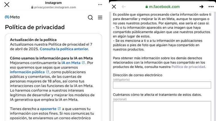 On the left, the Meta Privacy page with the 'Oppose' option collected in the third paragraph. To the right, the page where email must be put to remove permission