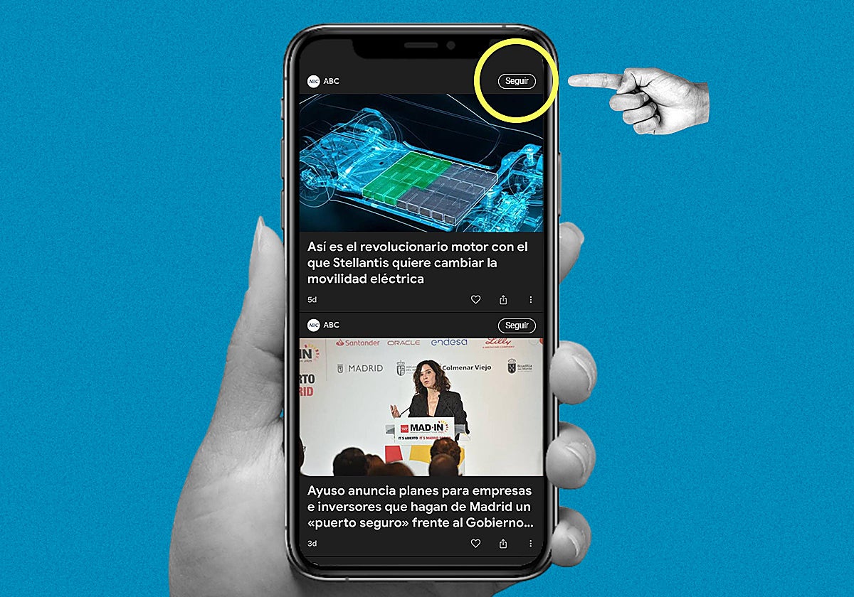 Recreación de cómo te mostrará Google Discover las noticias de ABC y el botón donde puedes darle para seguirnos.