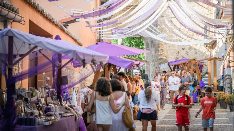 Varias personas pasan junto a puestos y tiendas de productos de lavanda el pasado 10 de julio