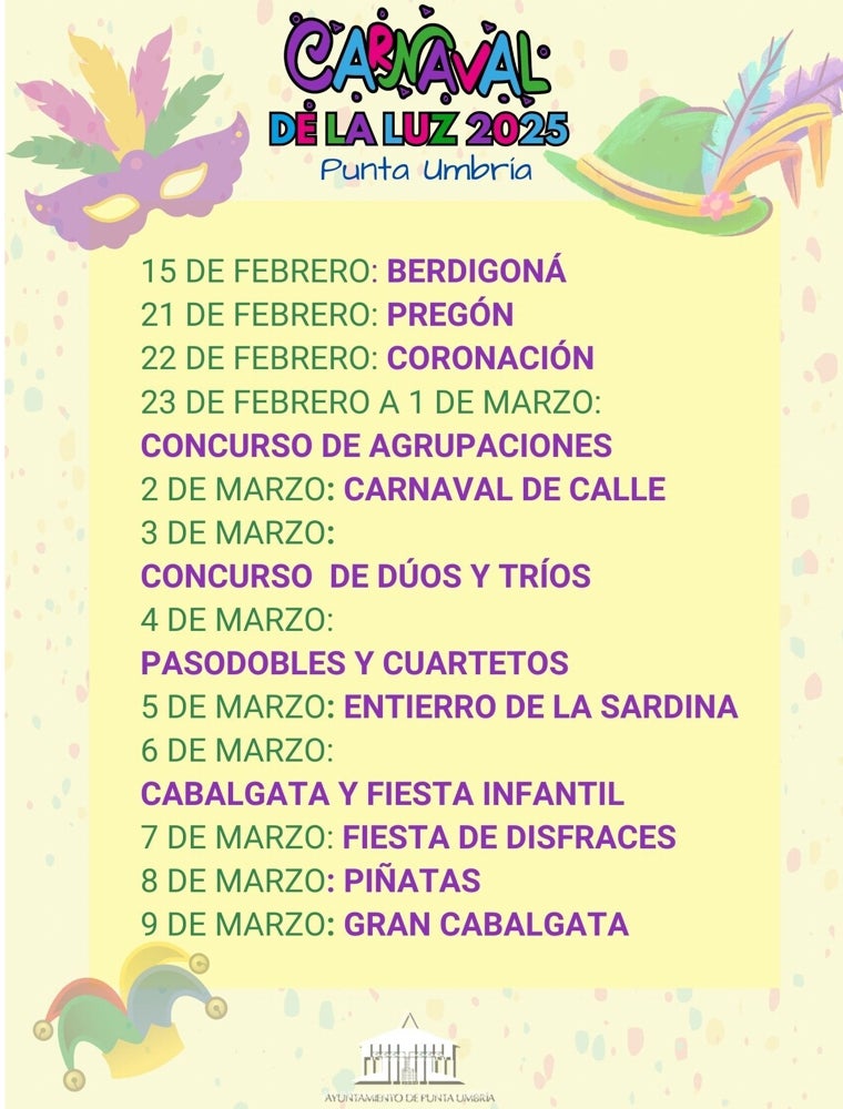 La tradicional Berdigoná, el 15 de febrero, servirá para inaugurar el Carnaval de la Luz 2025 de Punta Umbría