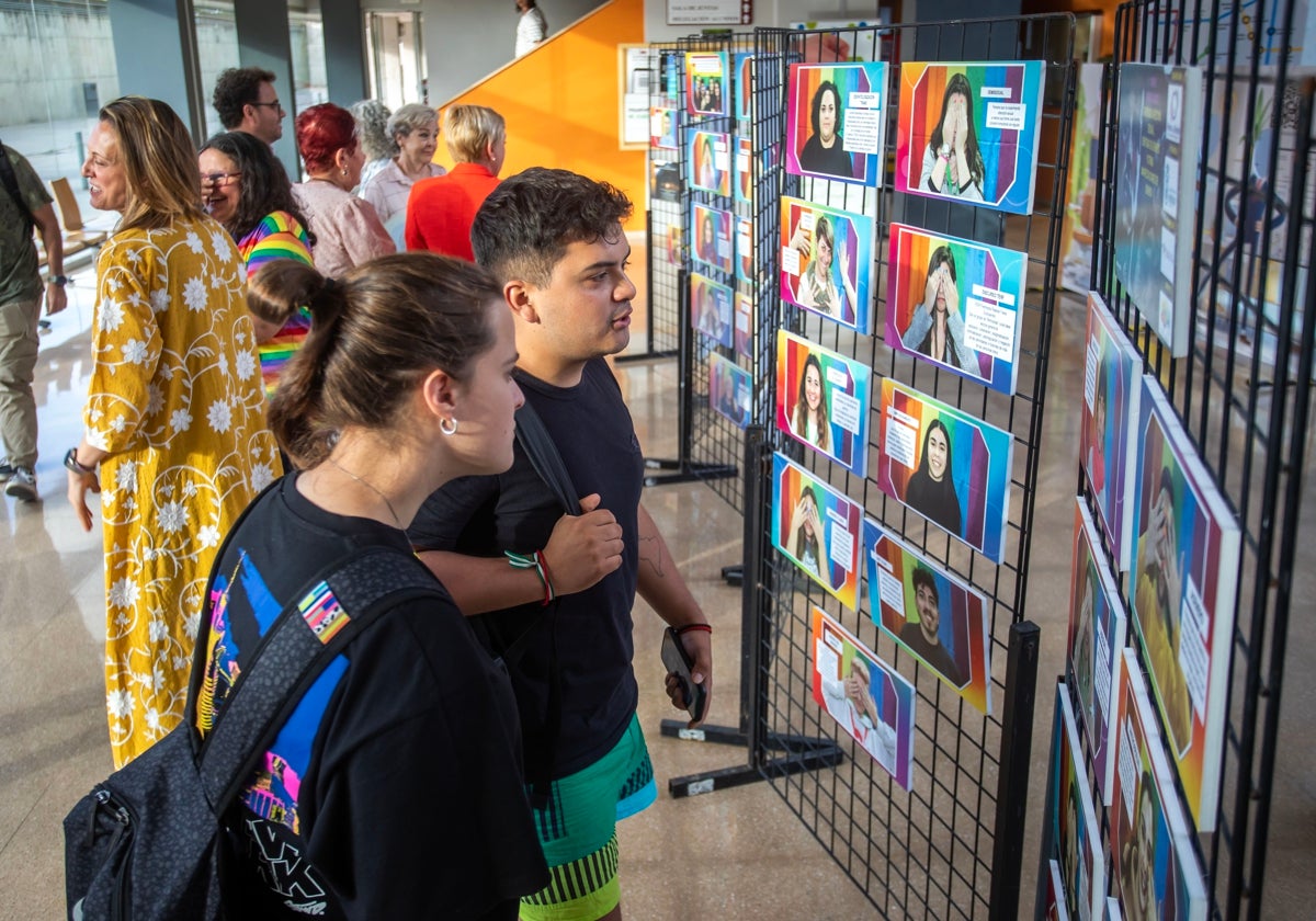 Dos universitarios contemplan uno de los paneles con imágenes de una exposición