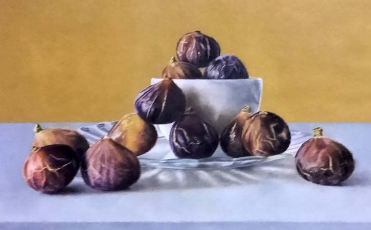 Imagen principal - Arriba, 'Higos sobre plato de duralex' y sobre estas líneas, detalle de 'La resaca de las olas' y uno de los bocetos para una Santa Cena que no pudo ejecutar